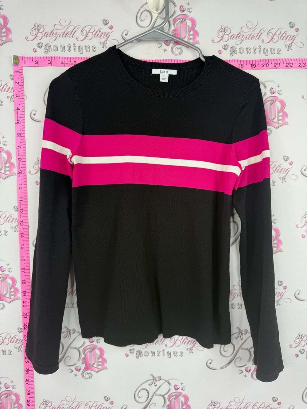 Bar III Black Long-Sleeve Top with Pink and White Chest Stripes